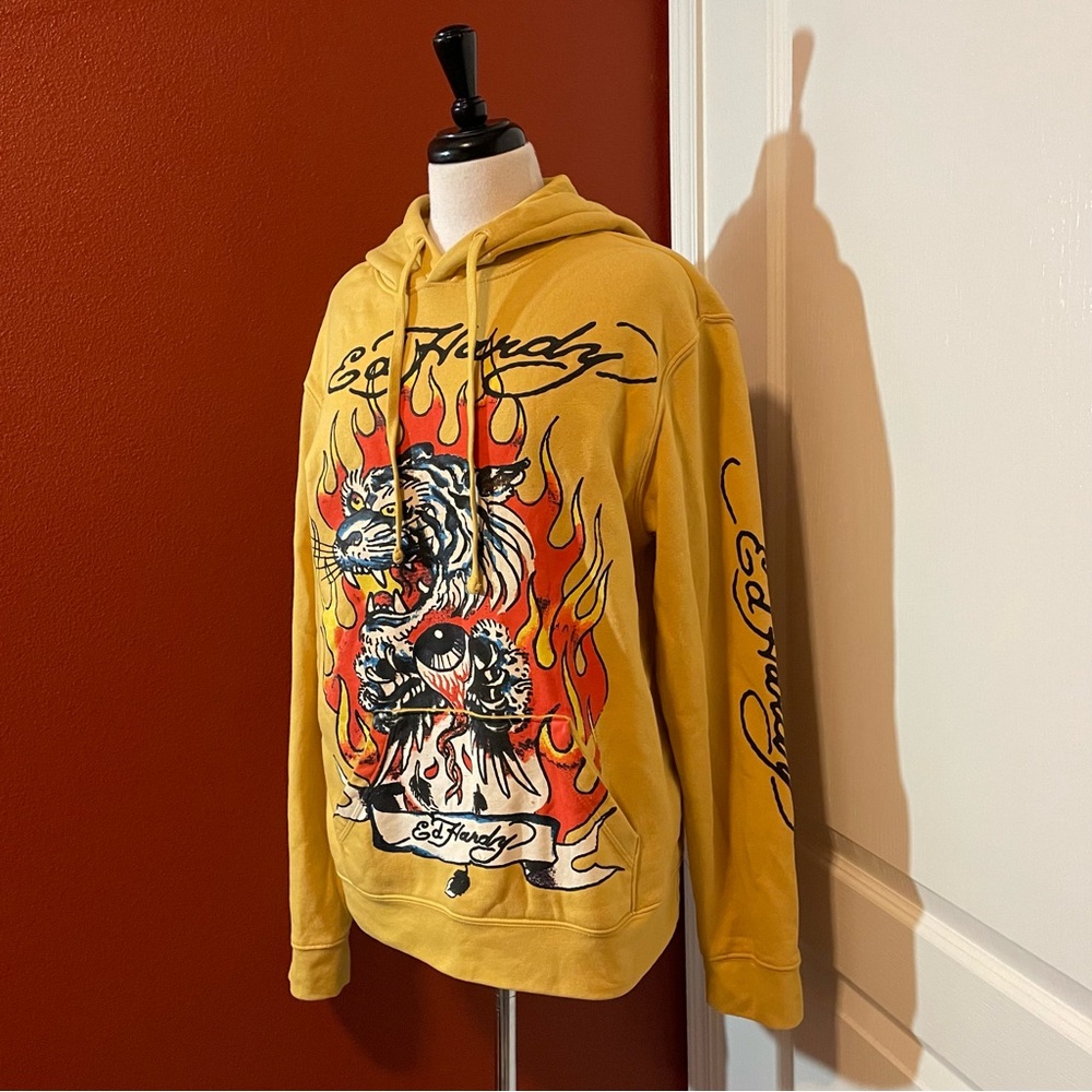 Ed Hardy Men’s‎ Fire Tiger Golden Yellow Americana Tattoo Pullover Y2K Hoodie